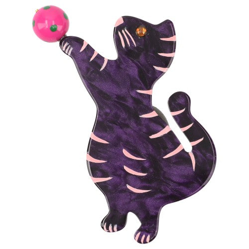 Purple Standing Cat Brooch with a Fuchsia Pink Ball (small model)
