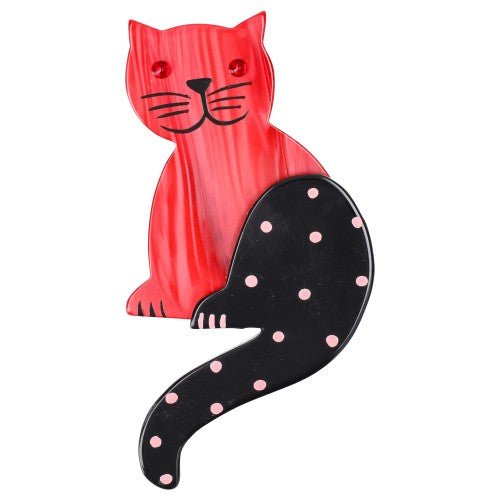 Streaked Red Striped Tail Cat Brooch with Pink Dots - Galalith – Vintage Jewelry - handcrafted by Pavone by Pavone