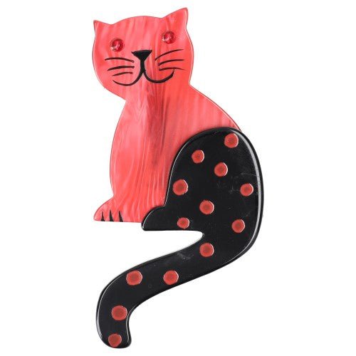 Streaked Red Striped Tail Cat Brooch with Red Dots - Galalith – Vintage Jewelry - handcrafted by Pavone by Pavone