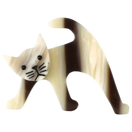 Striped Beige and Brown Ouistiti Cat Brooch - Galalith – Vintage Jewelry - handcrafted by Pavone by Pavone