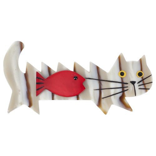 Striped Beige With Red Fish Cat Brooch (large Size) - Galalith – Vintage Jewelry - handcrafted by Pavone by Pavone