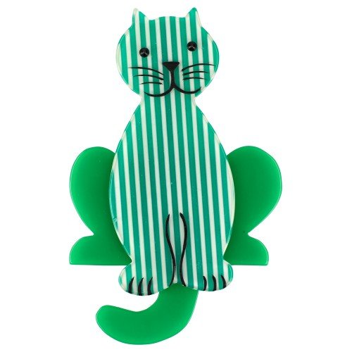 Striped Green and Mint Green Lucifer Cat brooch - Galalith – Vintage Jewelry - handcrafted by Pavone by Pavone