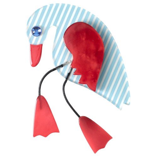 Striped Sky Blue and Red Twisty Bird Brooch - Galalith – Vintage Jewelry - handcrafted by Pavone by Pavone