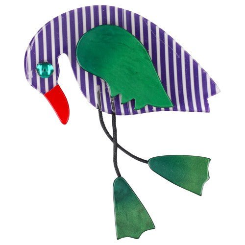 Striped white and Purple with Twisty Bird Brooch with Malachite green Wing and Feet - Galalith – Vintage Jewelry - handcrafted by Pavone by Pavone