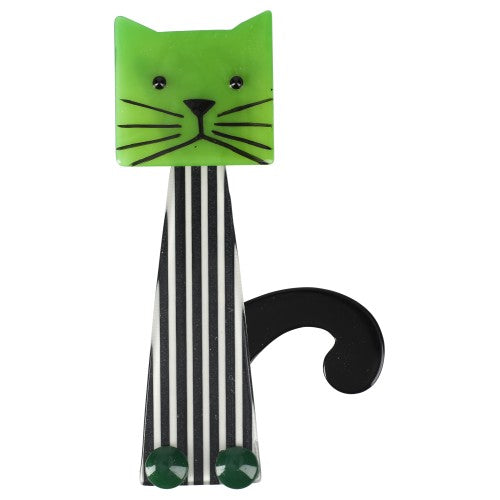 Anise Green and Striped Black and White Teapot Cat Brooch 