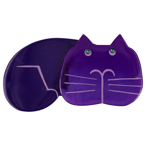 Purple Tommy Cat Brooch with green eyes