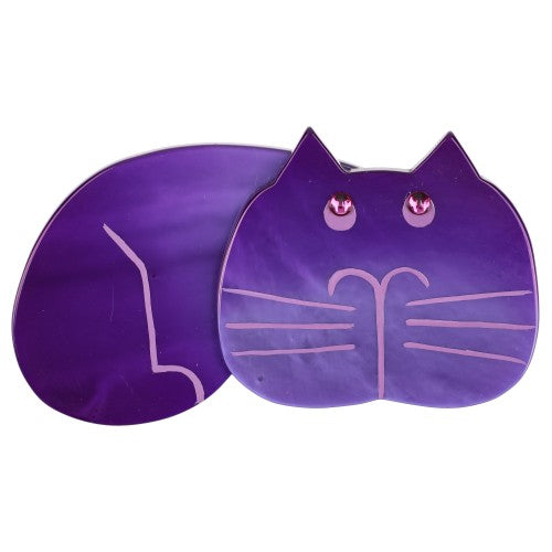 Purple and Parma Tommy Cat Brooch with pink eyes 