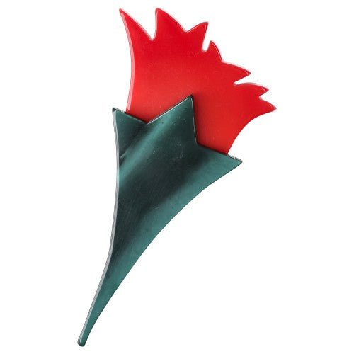 Red Tulip Flower Brooch with a pearly Emerald Green - Galalith – Vintage Jewelry - handcrafted by Pavone by Pavone