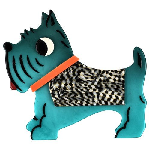 Turquoise, Black and White Checkerboard Coat, Orange Collar Jano Dog Brooch (left) - Galalith – Vintage Jewelry - handcrafted by Pavone by Pavone