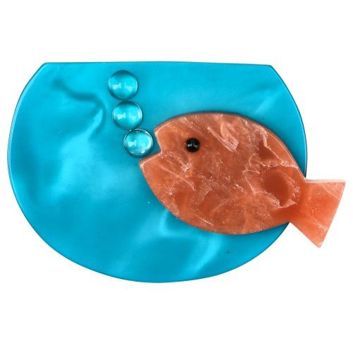 Turquoise Blue Aquarium Brooch with a Veined Pink Fish - Galalith – Vintage Jewelry - handcrafted by Pavone by Pavone