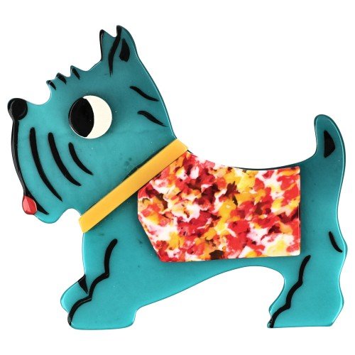 Turquoise, Red-Yellow-White Coat and Yellow Collar Jano Dog Brooch - Galalith – Vintage Jewelry - handcrafted by Pavone by Pavone