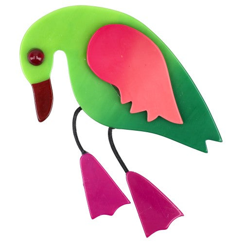 Anise Green and Pink Twisty Bird Brooch with Cyclamen Feet