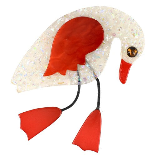 Brilliant White and Red Twisty Bird Brooch with Yellow Eye 