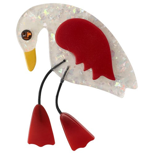 Brilliant White and Red Twisty Bird Brooch