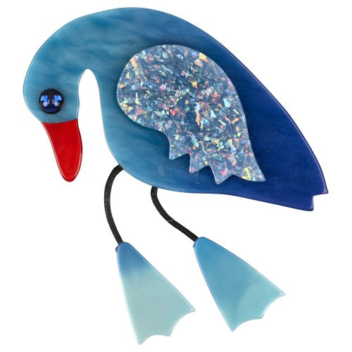 Blue with Iridescent Blue Wing and aquamarine Feet Twisty Bird Brooch