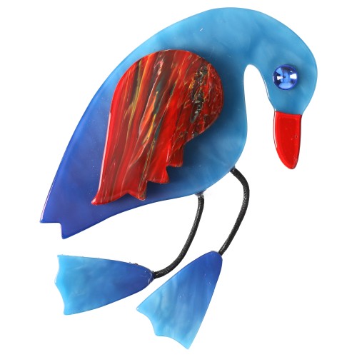 Blue and Red Twisty Bird Brooch with Blue Feet