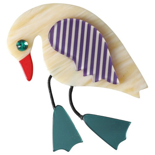 Ivory White with Purple Strided Wing ang Green Feey Twisty Bird Brooch