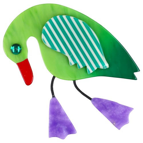 Anise Green and Purple striped Twisty Bird Brooch with Lilac Feet