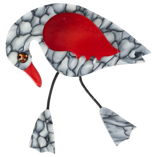 Marbled Gray and Red Twisty Bird Brooch
