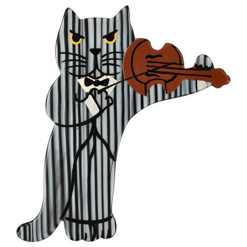 Striped Silver Grey Violinist Cat Brooch - Galalith – Vintage Jewelry - handcrafted by Pavone by Pavone