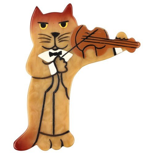 Ocher Yellow Violinist Cat Brooch - Galalith – Vintage Jewelry - handcrafted by Pavone by Pavone