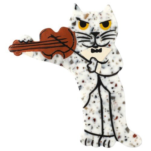 Mosaic White Violinist Cat Brooch - Galalith – Vintage Jewelry - handcrafted by Pavone by Pavone