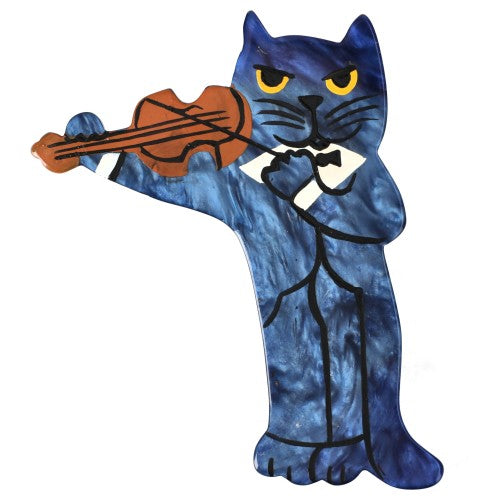 Speckled Steel Blue Violinist Cat Brooch (left)
