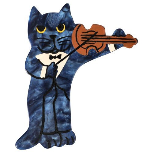 Speckled Steel Blue Violinist Cat Brooch - Galalith – Vintage Jewelry - handcrafted by Pavone by Pavone