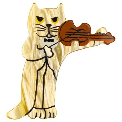 Pearly Yellow Violinist Cat Brooch - Galalith – Vintage Jewelry - handcrafted by Pavone by Pavone