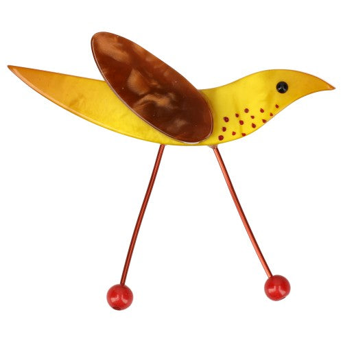 Yellow Wader Bird Brooch with Pearly Ginger Wing (red feet)