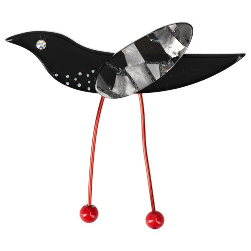 Black Wader Bird Brooch with  Mosaic Grey Wing (red Feet) 