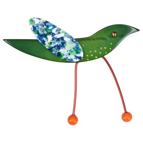 Green Wader Bird Brooch with  Blue-Green-White Wing (Orange Feet) 