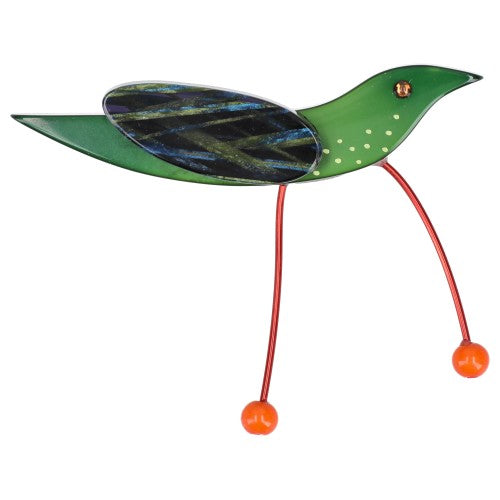 Malachite Green Wader Bird Brooch with  Black Feather Pattern Wing (Orange Feet)