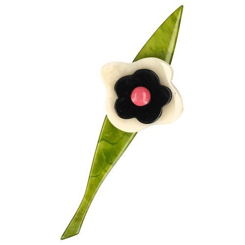 White, Black and Moss Green Flower Brooch - Galalith – Vintage Jewelry - handcrafted by Pavone by Pavone