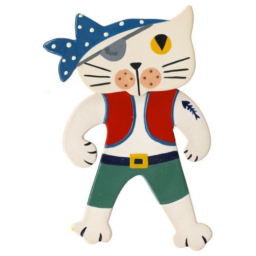White Ivory Pirate Cat Brooch with Blue Scarf, Red Vest and Green Pants (large size) - Galalith – Vintage Jewelry - handcrafted by Pavone by Pavone