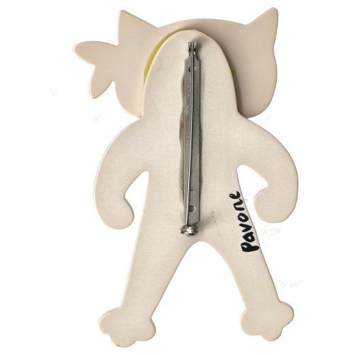 White Ivory Pirate Cat Brooch with Blue Scarf, Red Vest and Green Pants (large size) - Galalith – Vintage Jewelry - handcrafted by Pavone by Pavone