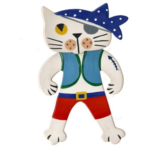 White Ivory Pirate Cat Brooch with Blue Scarf, Turquoise Blue Vest and Red Pants (large size) - Galalith – Vintage Jewelry - handcrafted by Pavone by Pavone