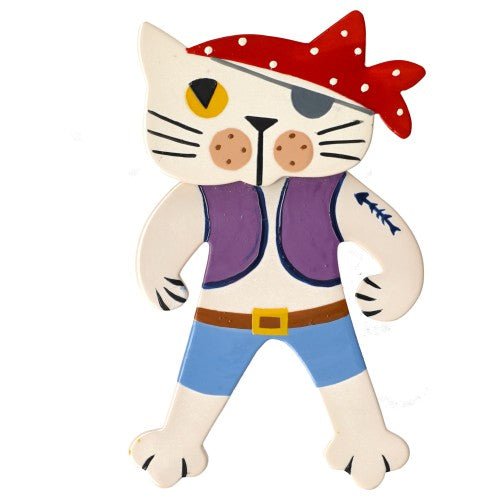 White Ivory Pirate Cat Brooch with Red Scarf, Lilac Purple Vest and Azur Blue Pants (large size) - Galalith – Vintage Jewelry - handcrafted by Pavone by Pavone
