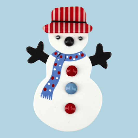 White Snowman Brooch with a striped Red Hat and a Azur Blue Scarf - Galalith – Vintage Jewelry - handcrafted by Pavone by Pavone