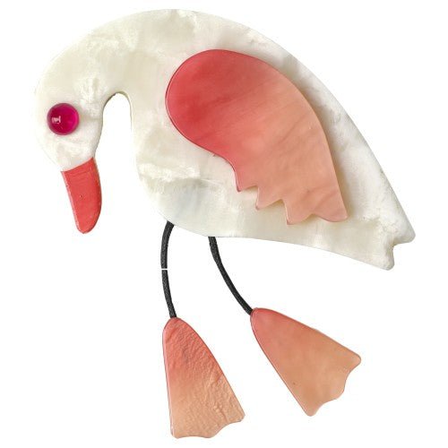 White with Pearly Pink Wing and Feet Twisty Bird Brooch - Galalith – Vintage Jewelry - handcrafted by Pavone by Pavone