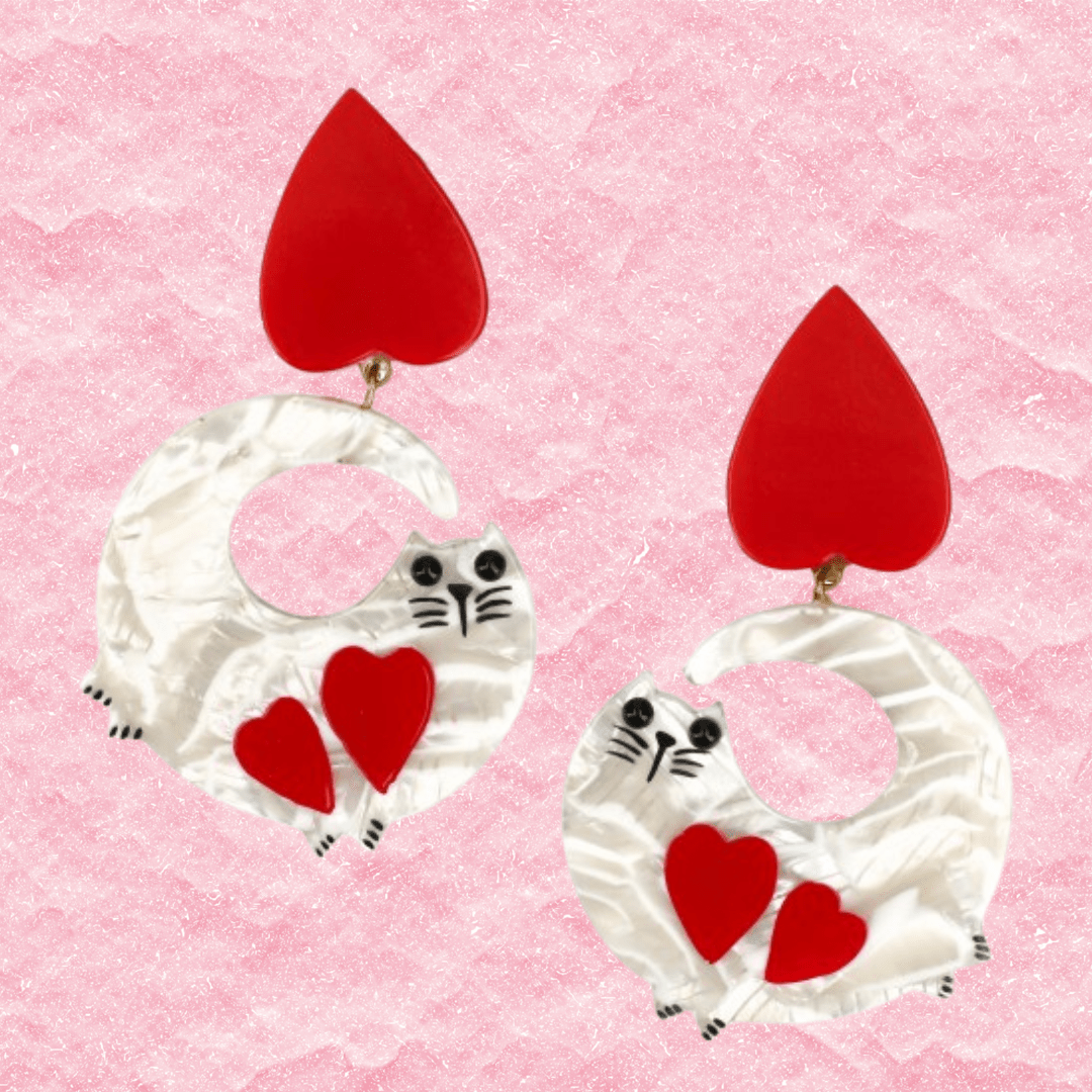 White With Red Heart Swinging Cat Earrings - Galalith – Vintage Jewelry - handcrafted by Pavone by Pavone