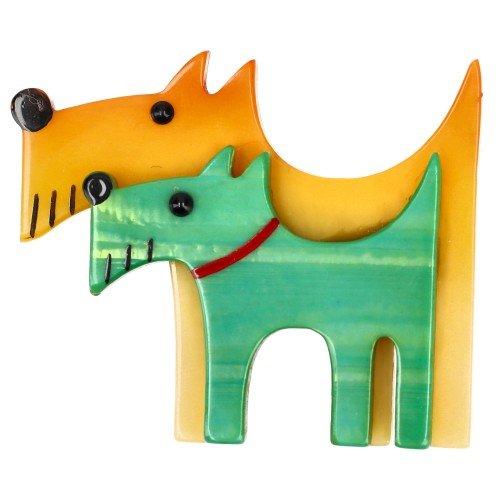 Yellow and Pearly Green Double Dog Brooch - Galalith – Vintage Jewelry - handcrafted by Pavone by Pavone