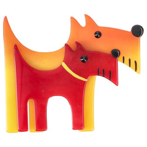 Yellow and Red Double Dog Brooch - Galalith – Vintage Jewelry - handcrafted by Pavone by Pavone