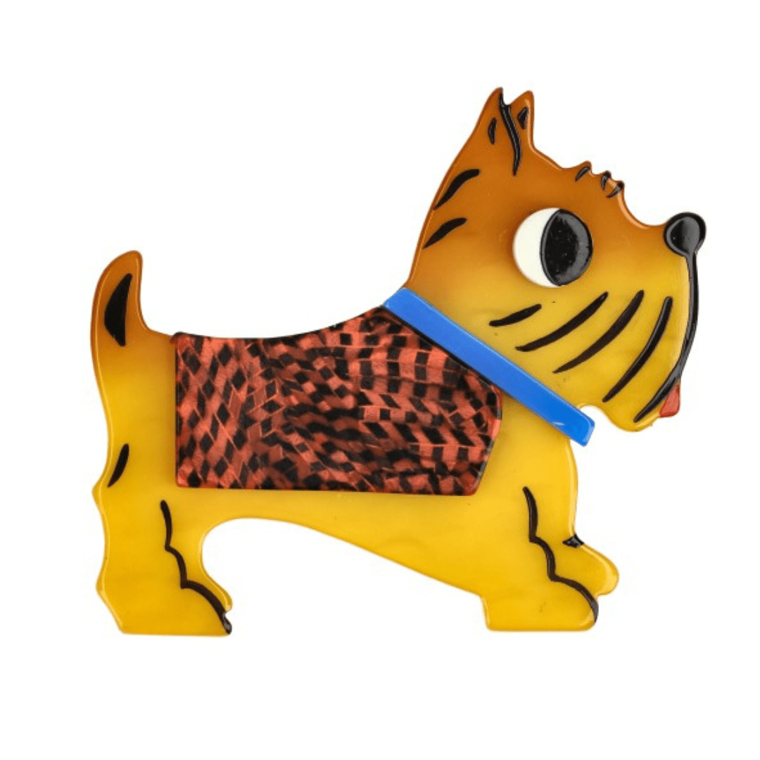 Yellow, Red and Black Checkerboard Coat, Blue Collar Jano Dog Brooch (lRight) 2 - Galalith – Vintage Jewelry - handcrafted by Pavone by Pavone