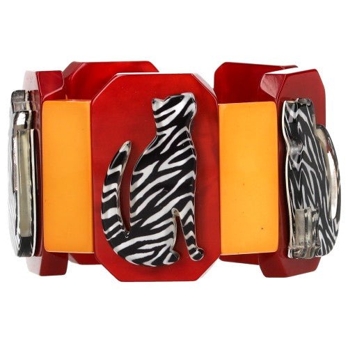 Zebra Black and White Cat Silhouette on Red and Yellow Bracelet - Galalith – Vintage Jewelry - handcrafted by Pavone by Pavone