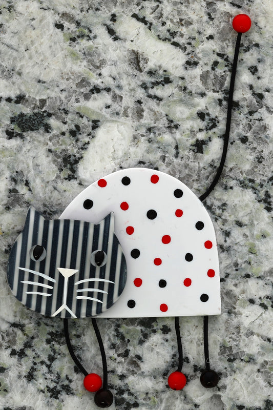 Black,  White and Red  Zebulon Cat Brooch with striped head