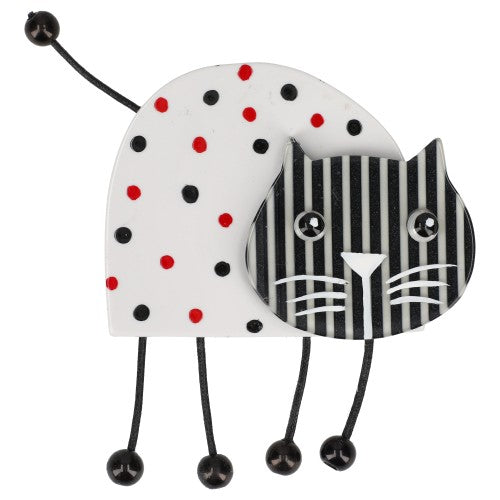 Black,  White and Red  Zebulon Cat Brooch with striped head