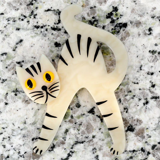 White Happy Cat Brooch in galalith