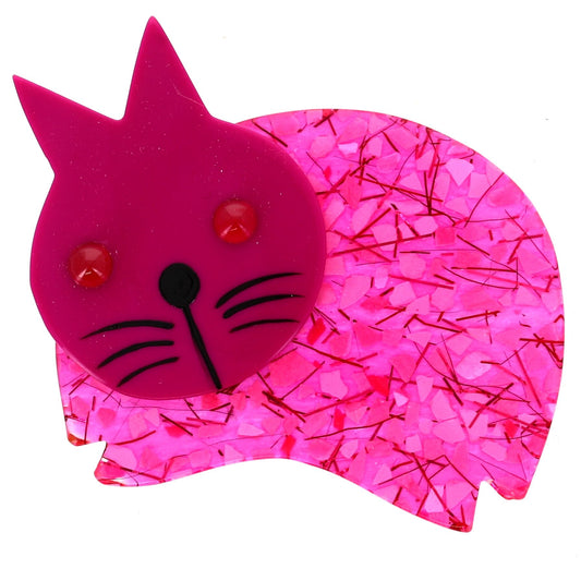 Pink and fuchsine mosaic Plump Cat Brooch in galalit and acetate