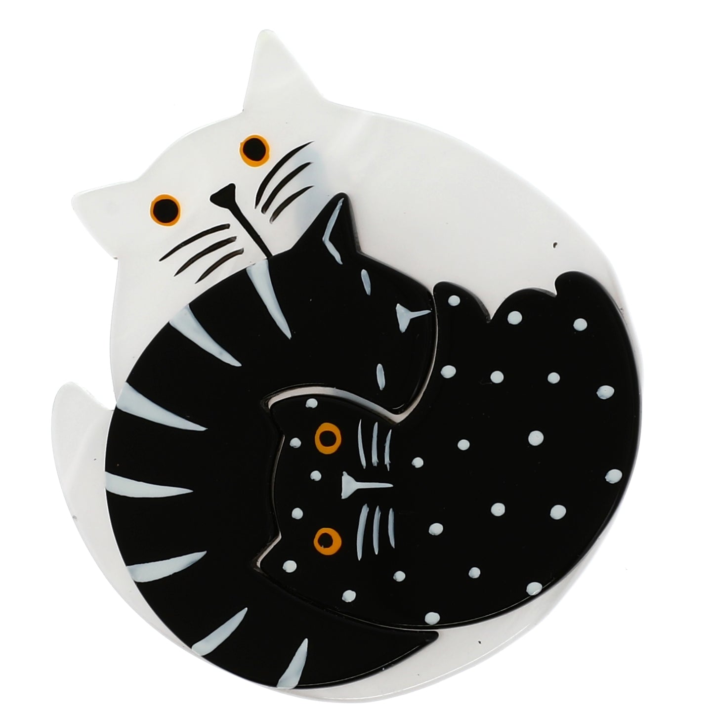 Black and white Puzzle Cat Brooch in galalith